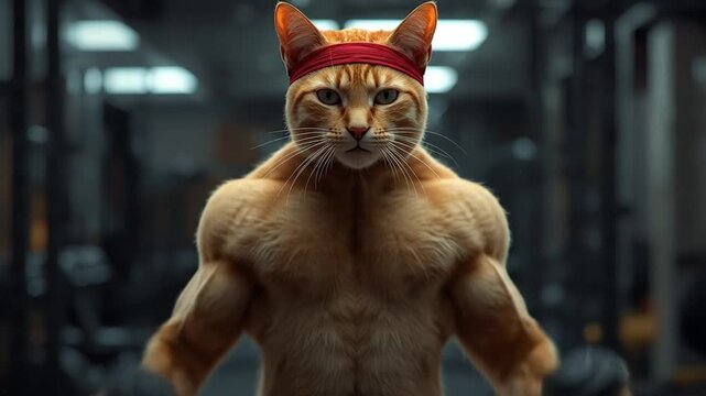 Muscular cat lifting weights in a gym, showcasing strength and determination with blurred equipment in the background
