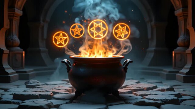 Magical Cauldron with Glowing Symbols: A captivating scene of a mystical cauldron over a raging fire, with radiant symbols hovering, enveloped in ethereal wisps.