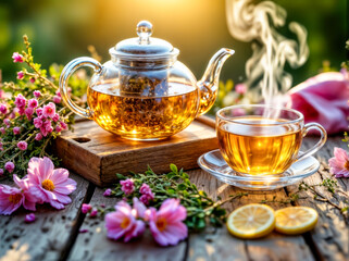Fototapeta premium Gemütliche Teestunde im Garten mit dampfender Teekanne, Tasse, frischen Blüten und Zitrone auf rustikalem Holztisch bei Sonnenlicht.
