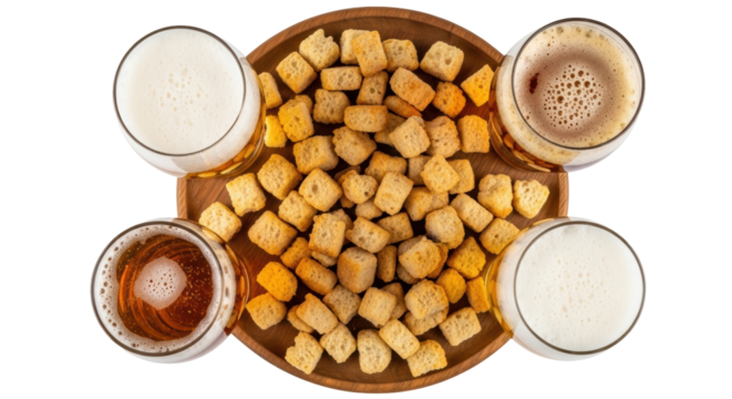 Isolated beer with croutons on wooden plate