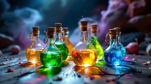 Magical Elixir Bottles: A mystical collection of colorful elixir bottles, each shimmering with a unique hue, stand poised, their contents hinting at potent magic.