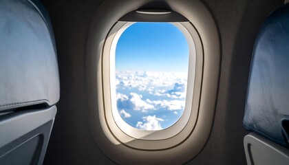 Airplane window view of sky and clouds