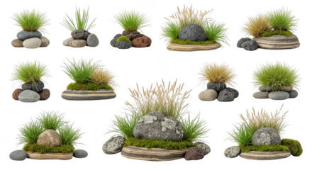 Stone and grass still life set ups on transparent background