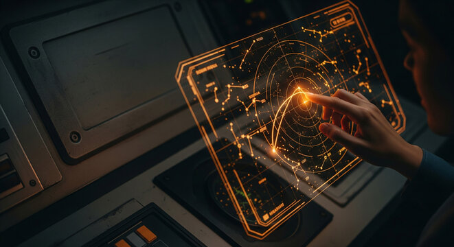hand tracing a route on a holographic star map in a dark spaceship control room