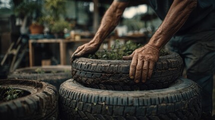 Closeup medium shot of hands repurposing worn tires into garden planters emphasizing sustainable reuse with blurred workshop environment enhancing focus on tire transformation.