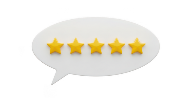 3d five stars in a speech bubble on transparent background