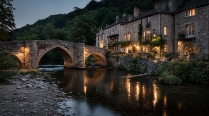 Evening atmosphere in a historic village by the river with illuminated buildings and a stone bridge
