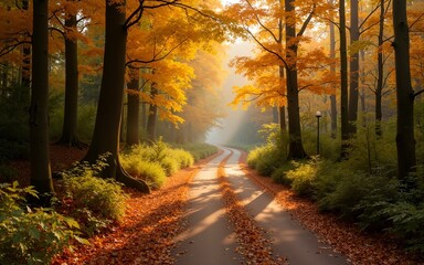 Obraz premium Pathway in the bright autumn forest. High quality