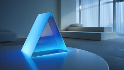 A glowing blue triangle prism on a table in a modern room