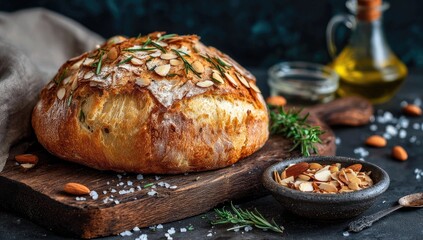 Rustic rosemary bread with almonds on a wooden board
