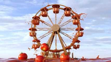 Whimsical tomato themed ferris wheel splashing in a sea of tomato juice under a clear blue sky, perfect for food industry marketing and summer fun promotions