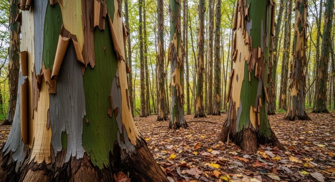 Photo of a forest of colorful eucalyptus trees with peeling bark creates a vibrant, textured natural pattern, with fallen autumn leaves carpeting the forest floor - Powered by Adobe