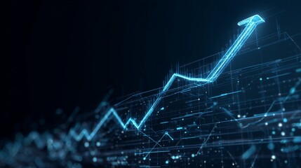 Business growth concept with rising arrow, digital financial data, market strategy charts, and technology-inspired circuit lines on dark blue background for corporate investment and profit visualizati