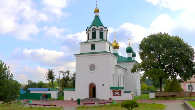 Green and white church cathedral Troitskaya Tserkov in Mir Belarus.