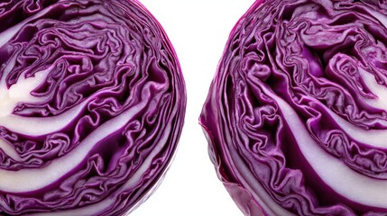 Fototapeta premium Two halves of fresh red cabbage showing intricate patterns