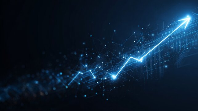 Business growth and investment concept with upward arrow, financial data charts, profit and market strategy visualization on dark blue circuit technology background