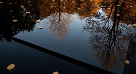 Photo of a dark, still water surface reflecting the bare branches and orange foliage of autumn trees against a cloudy sky, with fallen leaves scattered around