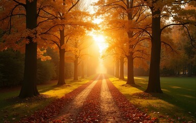 Fototapeta premium Beautiful autumn forest or park hdri panorama with bright sun shining through the trees. scenic landscape with pleasant warm sunshine. High quality