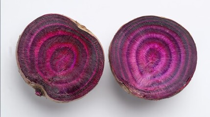 Two halves of chioggia beet showing concentric circles on white background