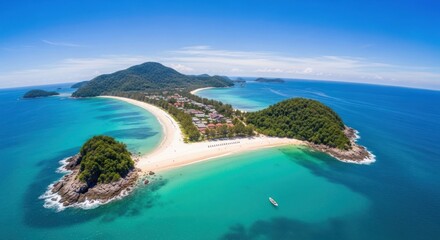 Obraz premium Aerial view of a tropical island paradise with a pristine beach