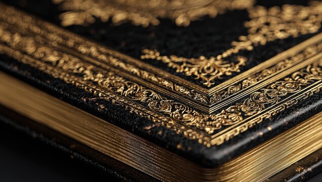 Close-up of aged, ornate book cover. Golden embossed designs on a dark, textured leather