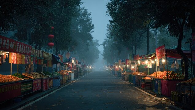 Foggy night market street. Empty road, lined with stalls selling fruits & vegetables under colorful canopies. Dimly lit by lanterns. Misty atmosphere