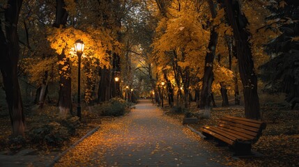 Golden autumn pathway lined with trees and fallen leaves in a serene forest setting during evening light