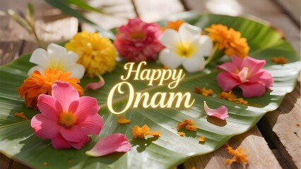 Onam Festival Flowers and Banana Leaf Greeting Card,Onam Floral Arrangement with Glowing Text,generative ai