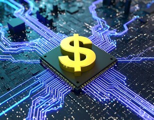 Golden dollar sign on a computer circuit board