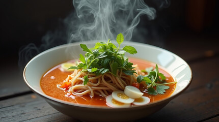 Steaming Pho Topped with Crisp Herbs