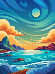 Obraz premium Sunset Seascape. Serene Coastal View with Majestic Mountains