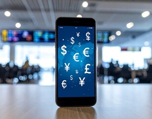 Smartphone displaying various currency symbols in airport