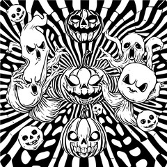 Fototapeta premium Optical Illusion Halloween Pattern with Pumpkins and Ghosts in Black and White Vector Style