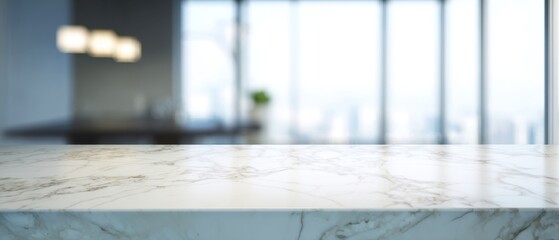 The elegant marble countertop with a city view in a modern office setting