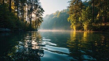 Morning fog blankets a tranquil lake surrounded by lush trees and misty hills near a serene forest