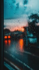 Obraz premium Rainy Sunset Cityscape Through Wet Window