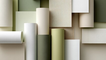 Abstract arrangement of various muted paper tones and rolls