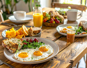 healthy breakfast dishes on a wooden table, there are bread, eggs, fruit and juice