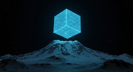 Futuristic blue cube above snowy mountain range in the cosmos