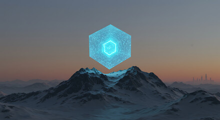 Futuristic Cube over Snowy Mountains at Sunset: Digital Tech Concept