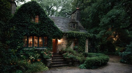 Cozy stone cottage surrounded by lush greenery in a serene forest setting during twilight hours