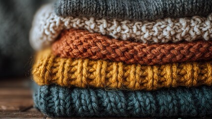 Cozy knitted sweaters stacked on a wooden surface in autumn colors for seasonal fashion inspiration