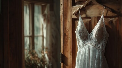 Vintage lace dress hangs on wooden door in soft natural light setting