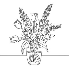 Elegant Spring Bouquet Outline in a Glass Vase Daffodils Tulips and Other Flowers for Coloring Pages and Creative Projects