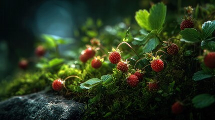 Ripe strawberries growing in lush greenery during a sunny afternoon in a natural garden setting