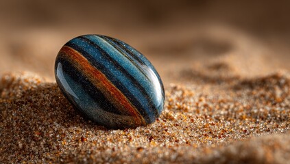 Polished oval gemstone resting on sand