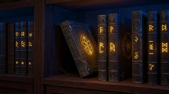Books on Shelf Featuring Mysterious Runes and Magical Symbols Still Life