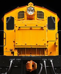 Heavy freight diesel locomotive front view bright yellow engine isolated on black background industrial rail transport cargo train power railroad shipping goods