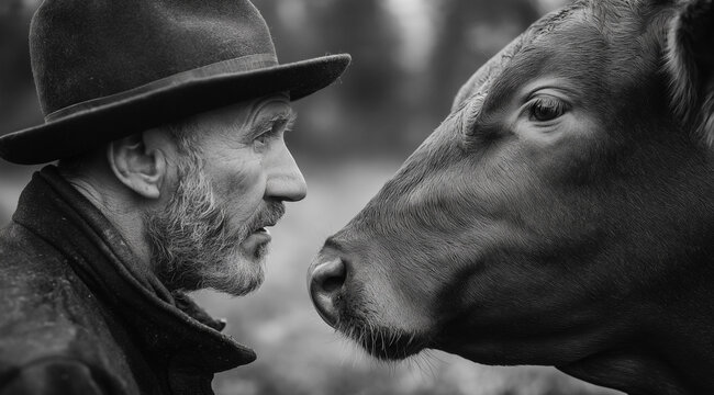 A black and white photograph of the farmer, wearing his hat, standing next to an impressive red cow in nature. The photo captures their connection as they gaze into each other's eyes with love and com - Powered by Adobe