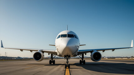 White airplane front view on tarmac under clear blue sky aircraft commercial airliner